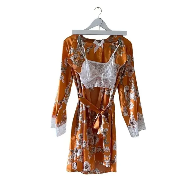 Bohemian Floral Print Pajama Set, Long Sleeve Robe With Belt Lace SZ M #1635 - Image 2