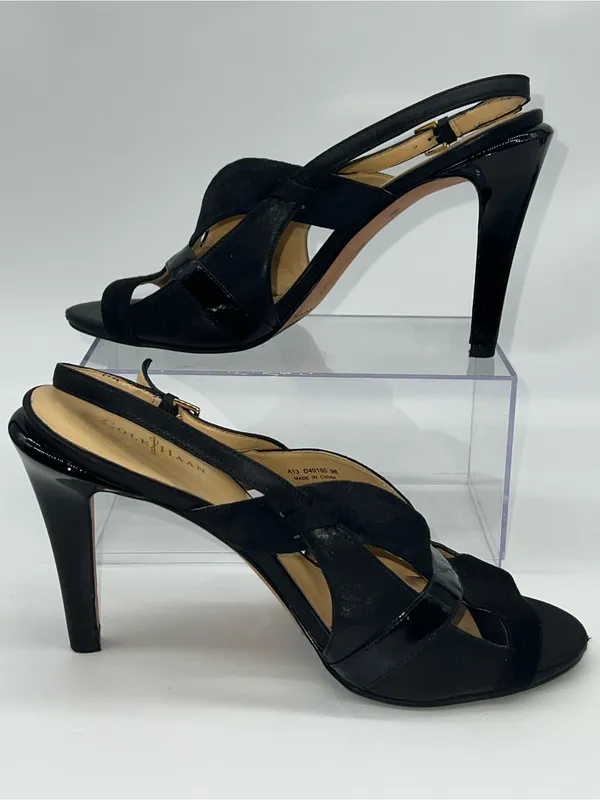 Cole Haan Women's Strappy High Heel Black Leather, Patent and Suede Sandals-Sz 9 - Image 2