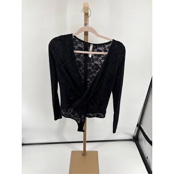 Free People Intimately Lace Wrap Bodysuit Black Long Sleeve Thong M - Image 6