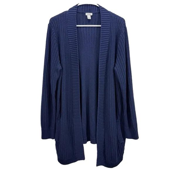 LL Bean Navy Blue Shaker Stitch Cotton Open Cardigan Sweater Pockets Size XL - Image 2