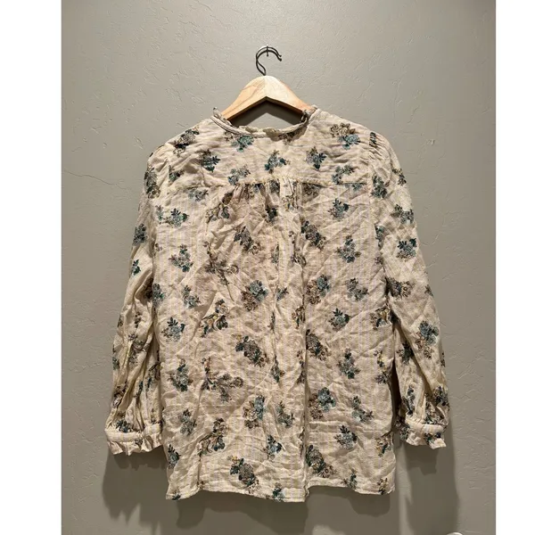 LOFT Floral Bouquet Ruffle Neck Button‎ Front Cotton Blouse Large Peasant Boho - Image 5