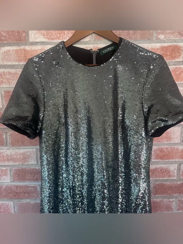 Lauren Ralph Lauren Sequin Shift Dress Women’s 8 Silver Black Party Eras Glam - Image 2