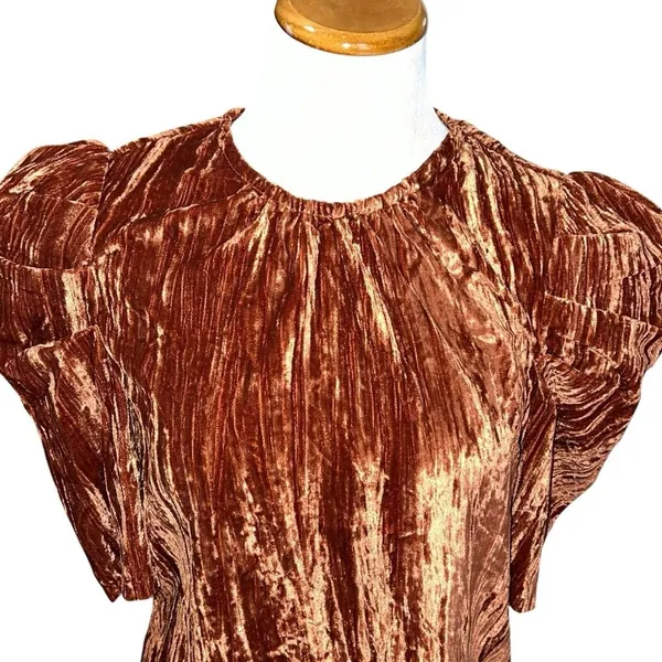 NWT $69 LEYDEN‎ Womens S Orange Rust Crushed Velvet Pouf Short Sleeve Top Blouse - Image 4