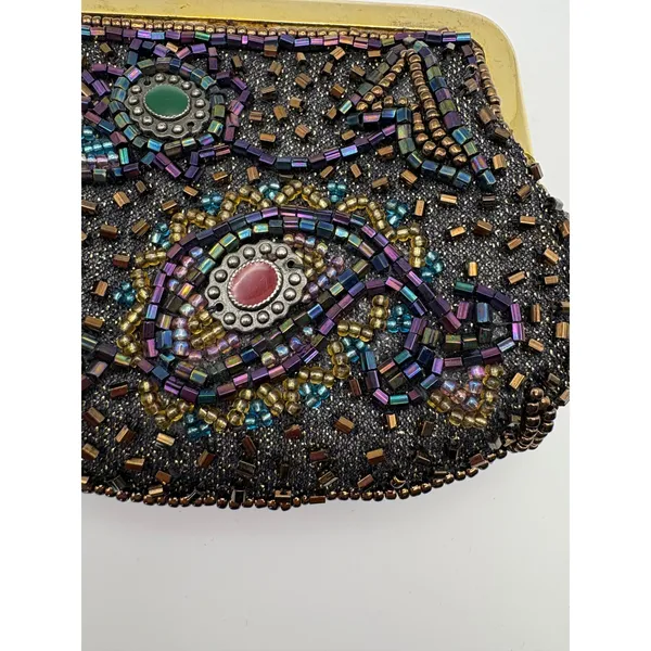 Vintage Beaded Kiss Lock Coin Purse‎ Iridescent Paisley Seed Bead Clutch Bag - Image 4