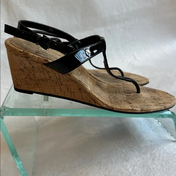 Black Patent Leather & Cork Wedge Heeled Sandals size 8 - Image 2