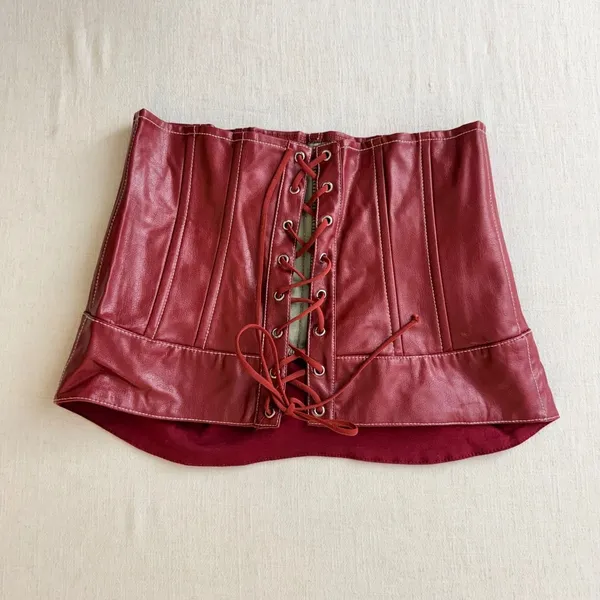 Edikted Moss Faux Leather Corset L Burgundy Y2K Lace Up Moto Bustier - Image 3