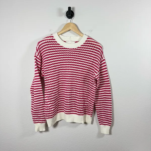 Spiritual Gangster Women’s Chunky Knit Striped Crewneck Sweater Pink/White XS - Image 6
