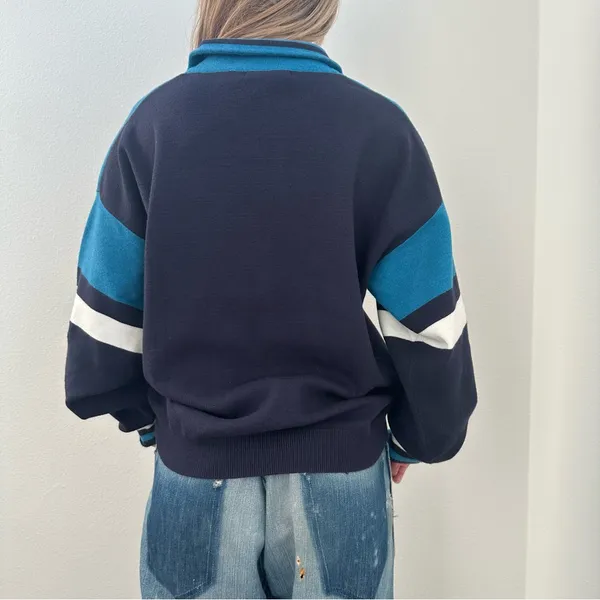 Urban Outfitters Blue Navy White Striped Quarter Zip - Image 3