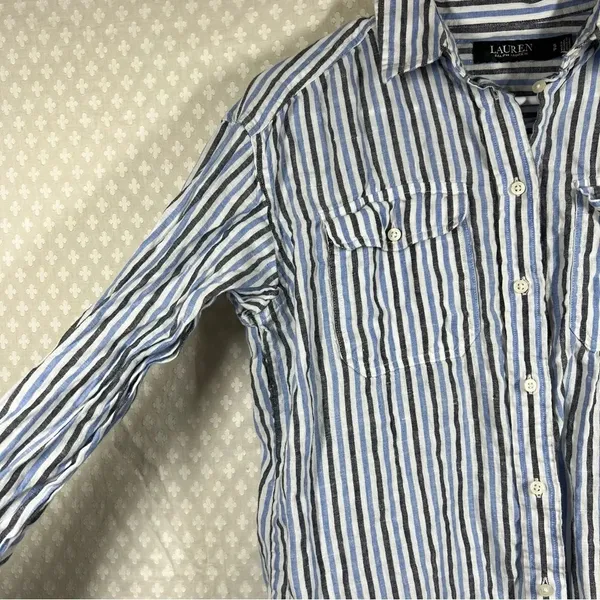 Ralph Lauren‎ Black Label Women Top Sz S Blue White Striped Linen Button Up - Image 4