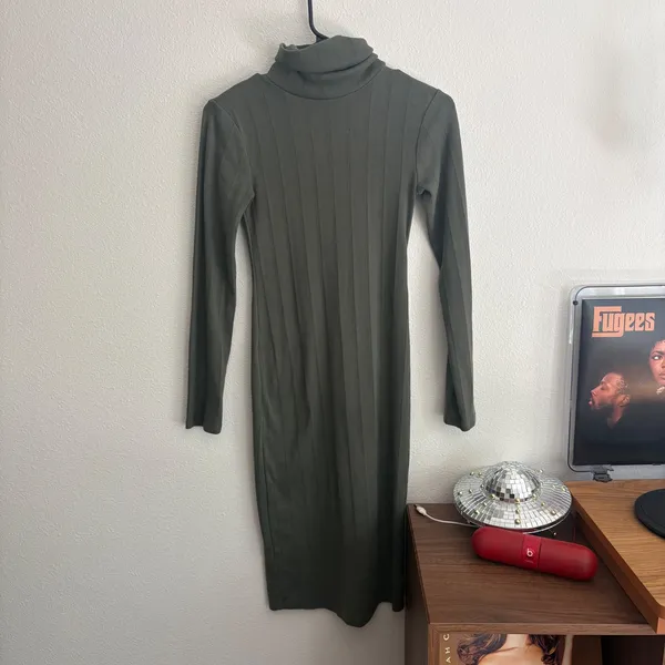 Wild Fable Olive Green Ribbed Turtleneck Bodycon Midi Dress Long Sleeve XS - Image 3