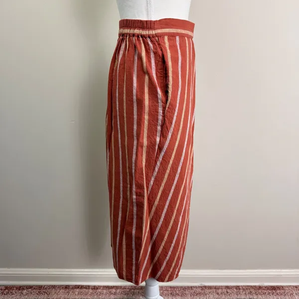 Madewell Rust Orange Striped Linen‎ Blend Faux Wrap Midi Skirt with Pockets XS - Image 2