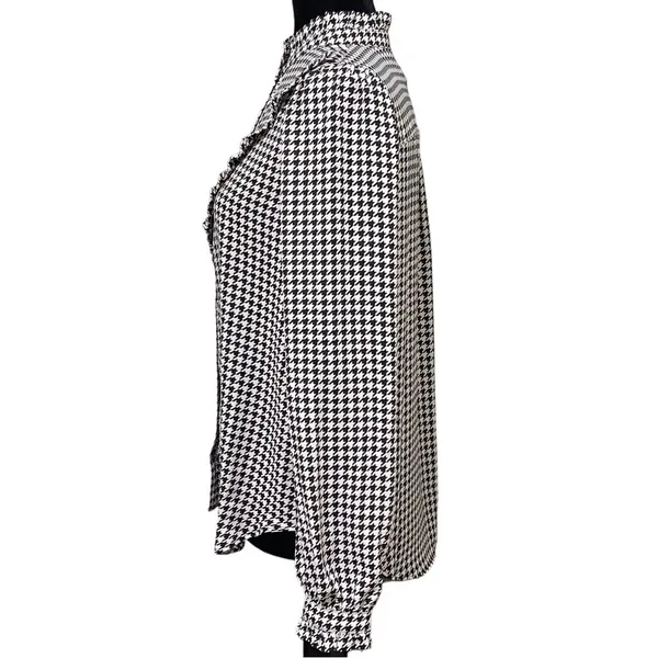 Ann Taylor Houndstooth Ruffle Neck Button Up Long Sleeve Blouse Small - Image 3