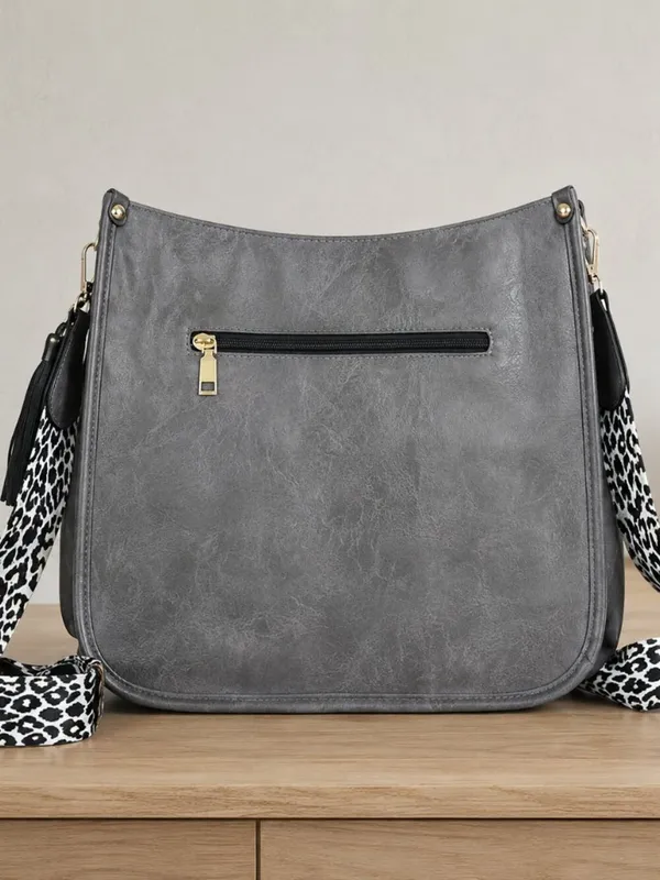 Gray Vegan Leather Messenger Tote Bag Leopard Print Strap NWT - Image 2