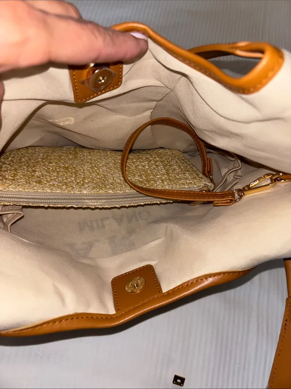 Tan And Brown Tote Bag…Both Faux Leather And Faux Straw “Paris/Milan”Design Nwts - Image 8