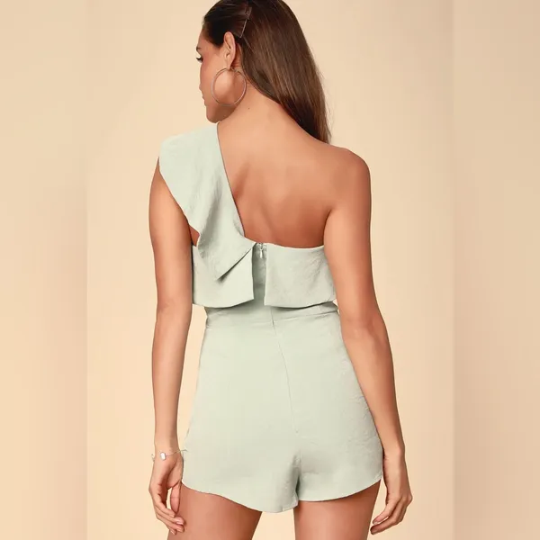 LULU’S BUTTERFLY EFFECT SAGE GREEN ONE-SHOULDER ROMPER - Image 2