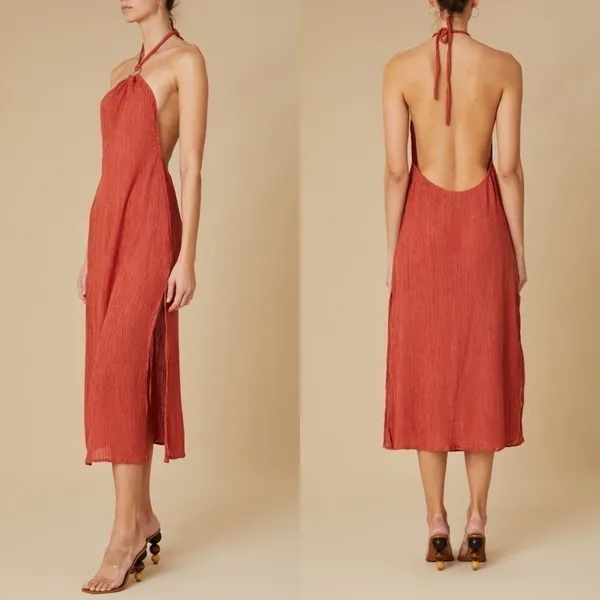 SM Dress Lana Midi Bamboo‎ Peace Silk Halter O-Ring Backless Scarlette S NWT - Image 7