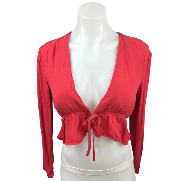 Aritzia Red Deep V-Neck Tie Front Long Sleeve Ruffle Peplum Crop Top Blouse Sz S - Image 2