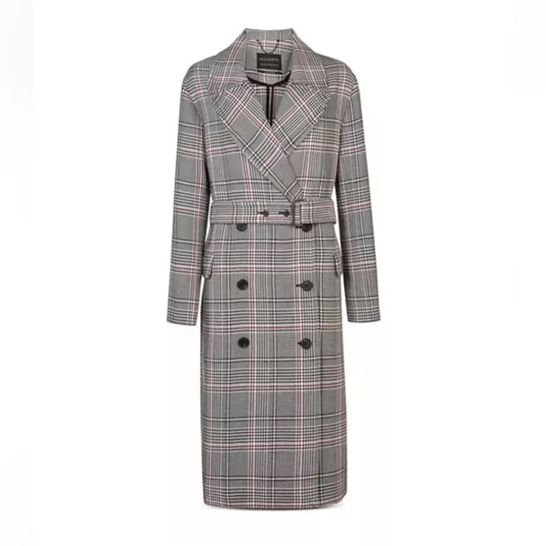 All Saints Tyla Check Plaid Wool Blend Belted Long Trench Coat - Image 3