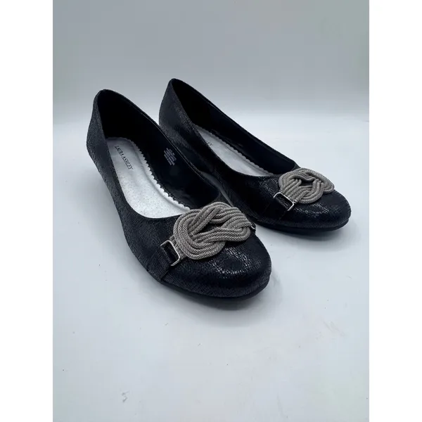 Laura Ashley 8M Black‎ Wedge Heels Women's Snake Print Knot Detail - Image 6