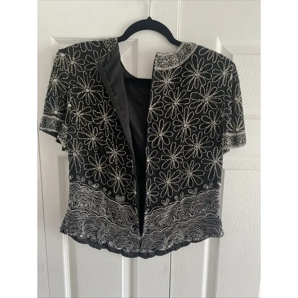 Laurence Kazar Vintage Beaded Top Womens Size L Black Silk Floral Sequin Evening - Image 9
