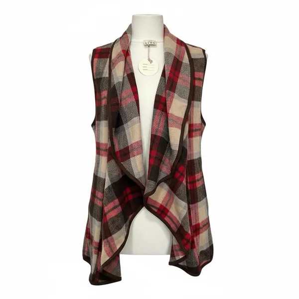 Plaid Waterfall Open Front Wool Polyester Vest New Size L Vibrant Autumn Vibe! - Image 6