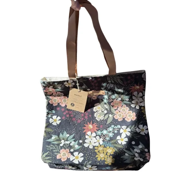 NWT Parker premium cotton with leather straps Floral Tote Bag - Black and Tan - Image 2