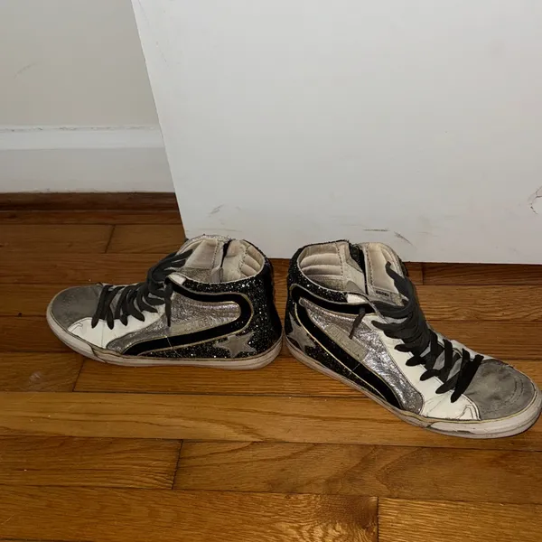 Golden Goose High-Top Sneakers in Gray & Green Sparkles - Image 6