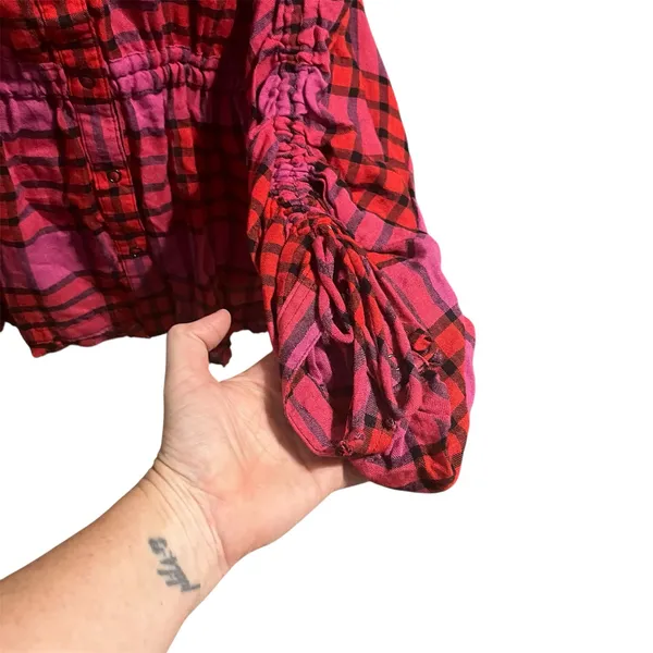 Free People Women's Pink Red Plaid Wool Blend Pacific Dawn Shirt Sz L Flannel - Image 6