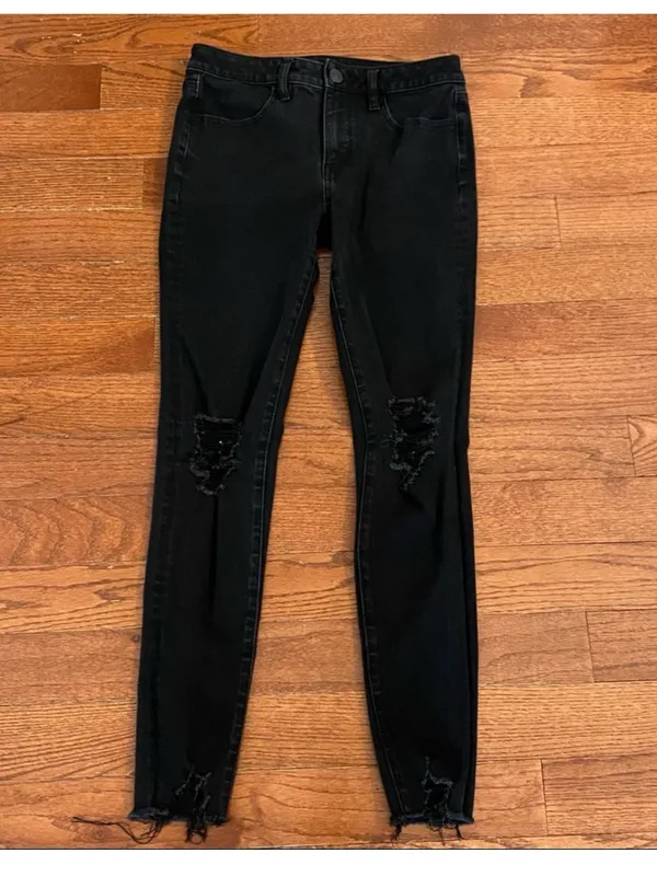 American Eagle Dream Jean Hi-Rise Jegging Distressed Raw Hem Black Skinny Jeans - Image 3