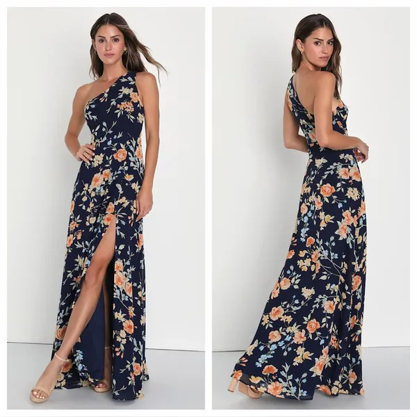 Lulus Elegant Admiration Navy Blue Floral One-Shoulder Maxi Dress - Image 2