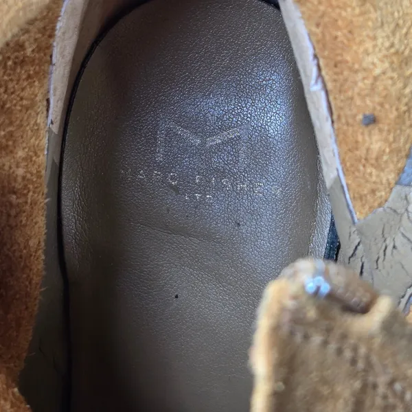 Marc Fisher Tan Leather Suede Fringe Peep Toe Ankle Boots Brown‎ Wood Heel 9 - Image 10