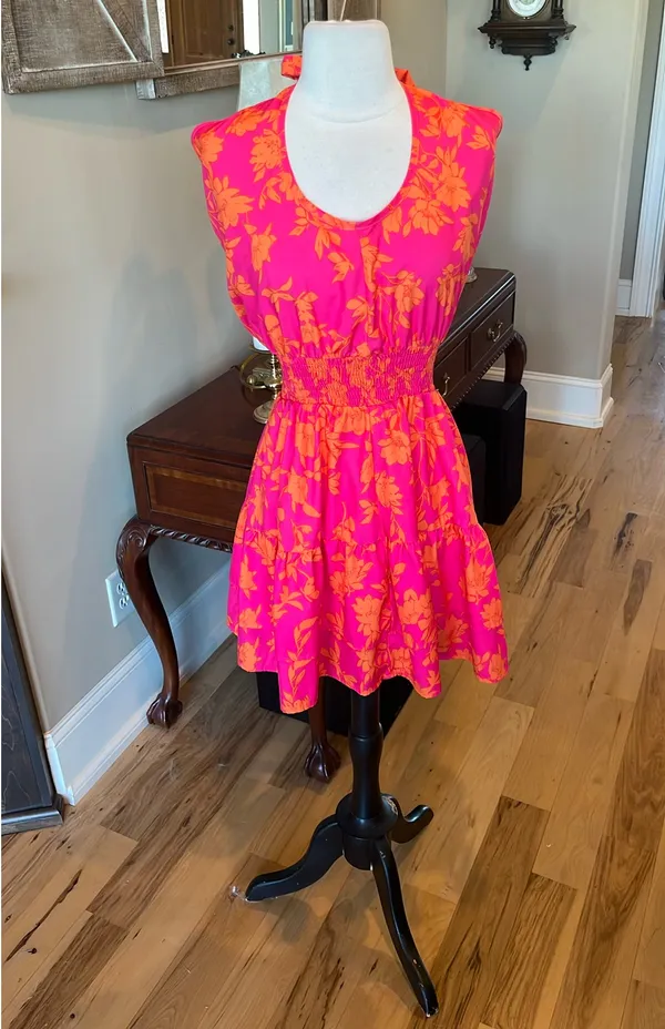 Colorful Festive Neon Pink Orange Flirty Mini Dress - Image 3