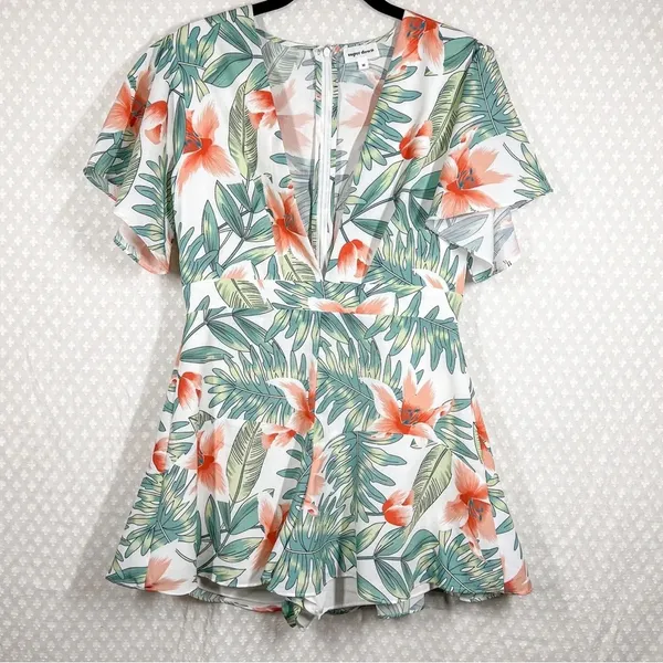 Revolve Superdown Women Romper Sz M Green White Karlie Floral Deep V Boho Island - Image 2