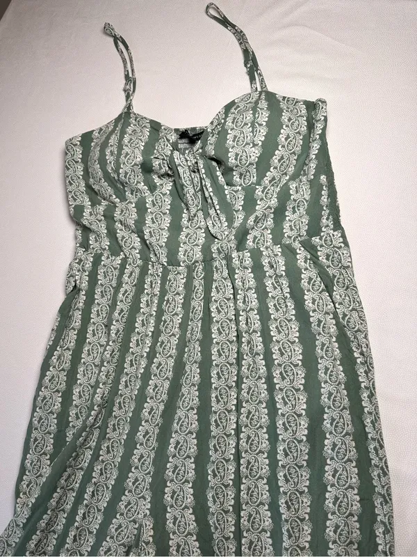 Su Wish Green Paisley Jumpsuit Womens XL Boho Wide Leg Tie Front - Image 8