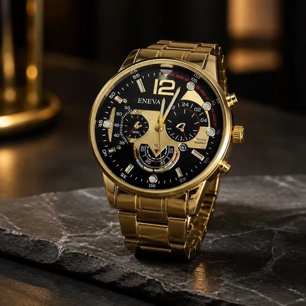 Geneva Men’s Gold Luxury Wrist Watch Round Dial 3 Time Zone Quartz NWT - Image 2
