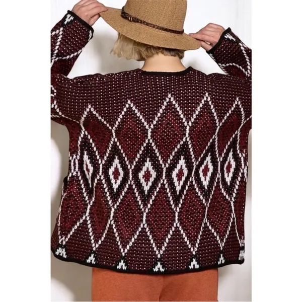 NEW POL Burgundy Black Diamond Pattern Chunky Knit Cardigan S - Image 5
