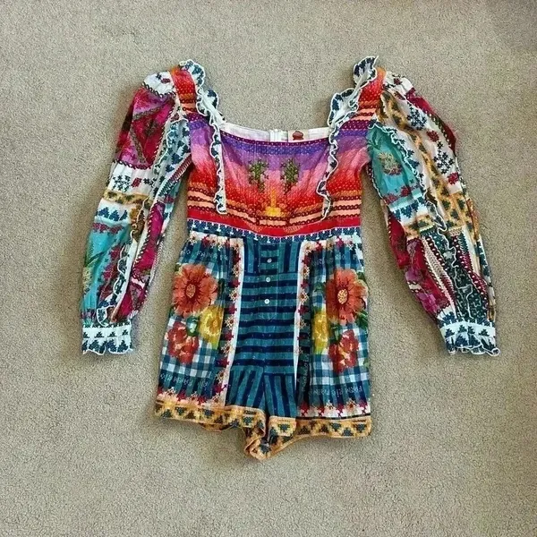 Farm Rio Summer Vibe Romper Ruffled Embroidered Square Neck Patchwork Size M - Image 3