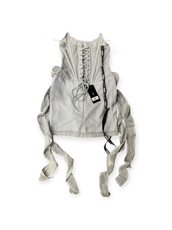 Heiress Beverly Hills Silver lurex corset drape mini‎ dress with flowers size L - Image 3