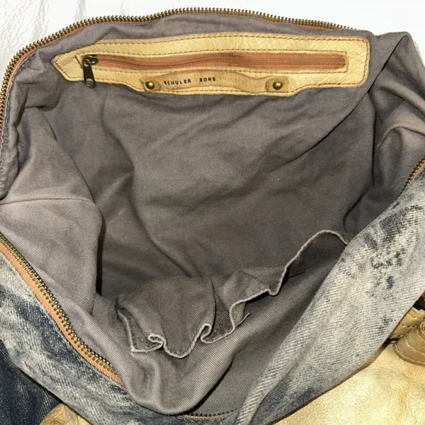 Schuler & Sons ANTHROPOLOGIE Tie Dyed Cotton Blue Canvas & Tan Leather 18" Bag - Image 6