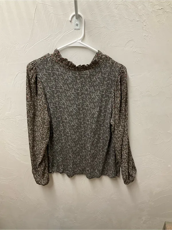 LOFT Olive Green Floral Henley Peasant Blouse - Image 3