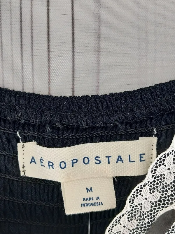 Aeropostale Solid Black V-Neck Lace Trim Tiered Babydoll Mini Dress NWT - Image 3