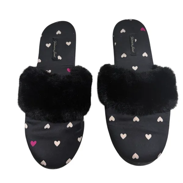 Victoria's Secret Satin Slippers House Shoes Hearts Fuzzy Black Size Large - Image 3