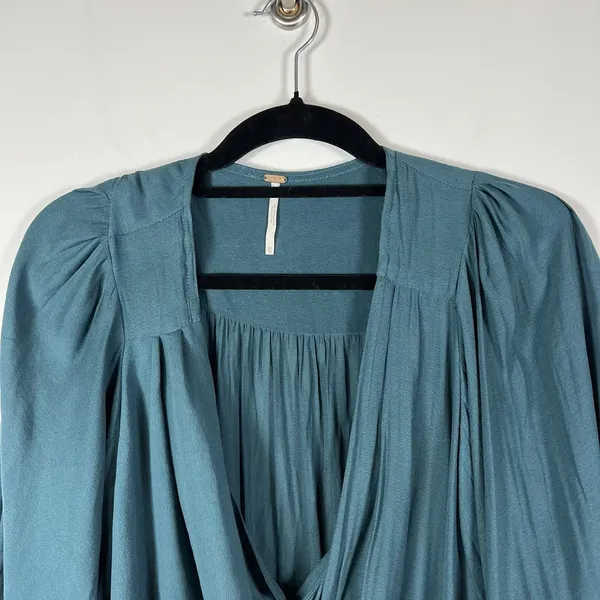 Free People Draped Cowl Neck Poet‎ Blouse Top Silky Flowy Blue Boho Romantic XS - Image 3