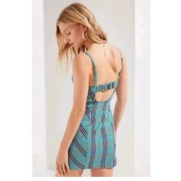 Urban Outfitters Gingham Spaghetti Strap Mini Dress Green Blue Size Small - Image 3
