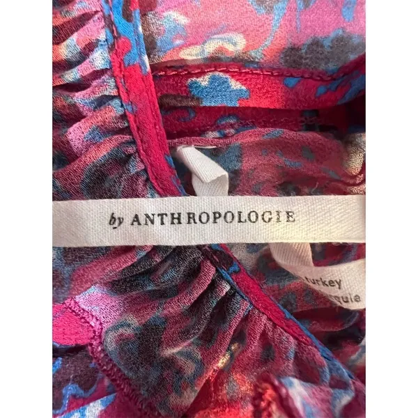 Anthropologie Women's Standard M Pink Floral Pleated Ruffle Blouse Spring Casual - Image 6