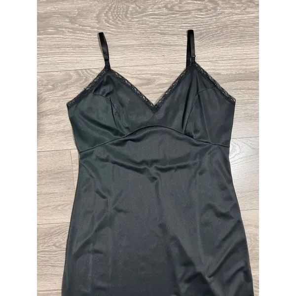 Vintage 90s Black Lace Trim Full Slip Dress S Adjustable Straps Midi Length - Image 11