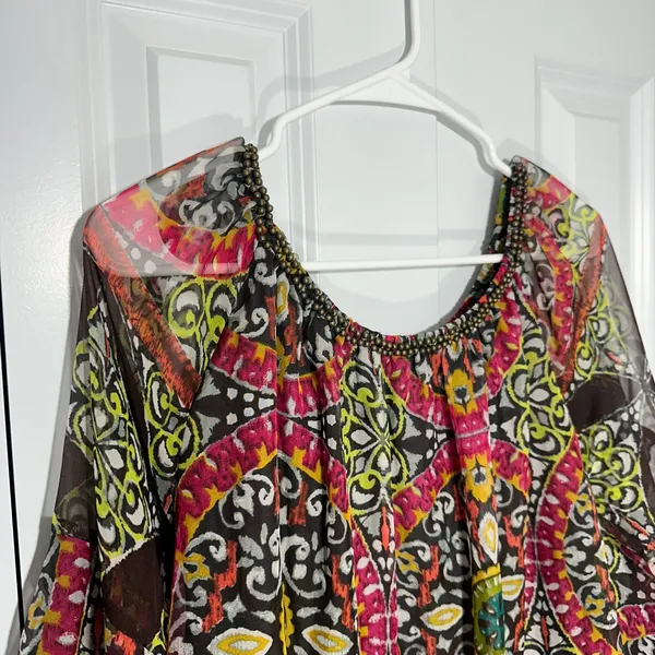 Mini Dress Off Shoulder L Bell Sleeve Paisley Sheer Boho Festival Hippie Gypsy - Image 5