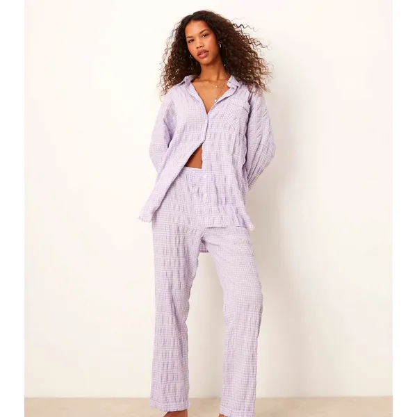 Free People Textured Pajama Shirt Mini Dress Loungewear in Lilac Medium - Image 4