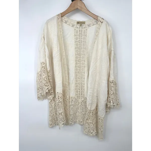 Democracy Kimono Cardigan Womens L Cream Crochet Lace Embroidered Boho Festival - Image 2