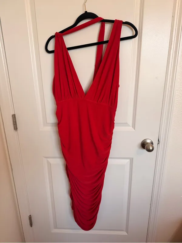 Club L London Red Plunge Ruched Dress Size 12 - Image 2